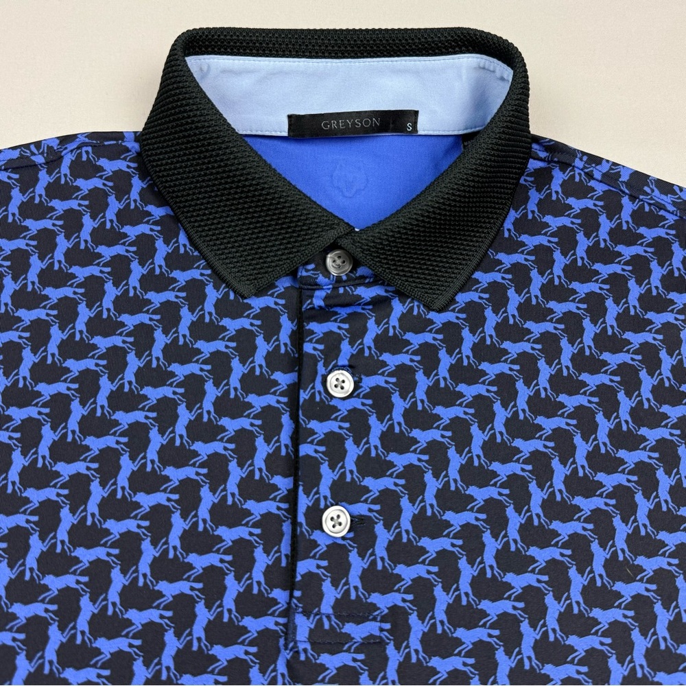 Greyson Mens Golf Polo Shirt Sz Small Wolves AOP Black/Blue Short Sleeve EUC B6
